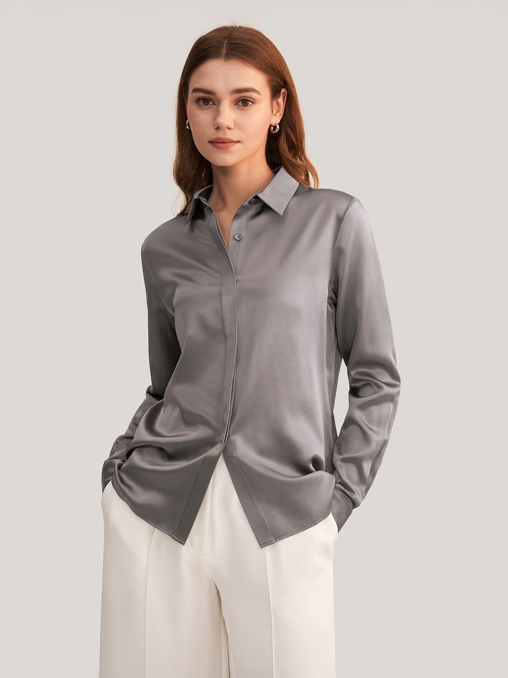 LILYSILK Concealed Placket Silk Shirt Size Large In Dark Gray Button Front Basic
